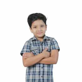 "Boys' Short Sleeve Shirt  Blue Check Contrast Collar "